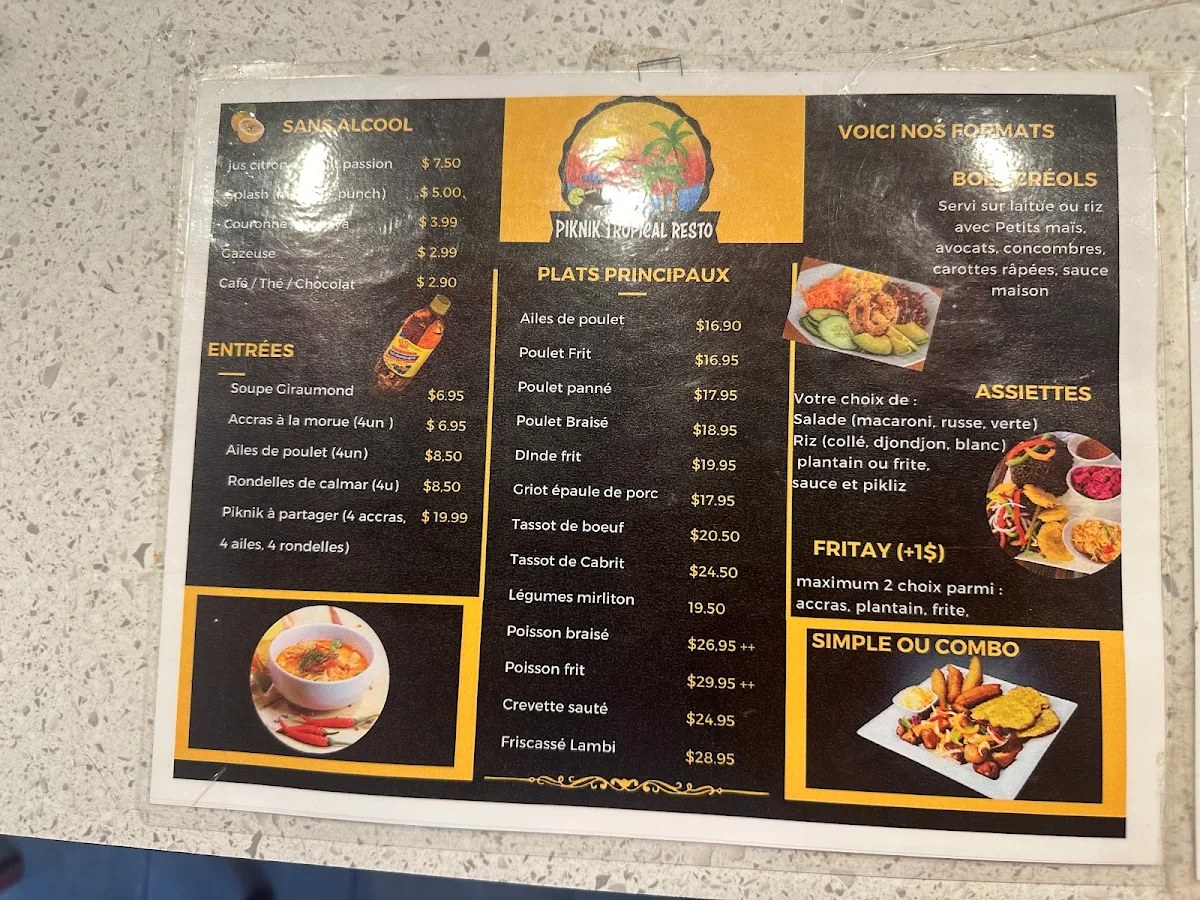 Menu, Piknik Tropical Resto / RESTAURANT HAITIEN QUEBEC / STE-FOY