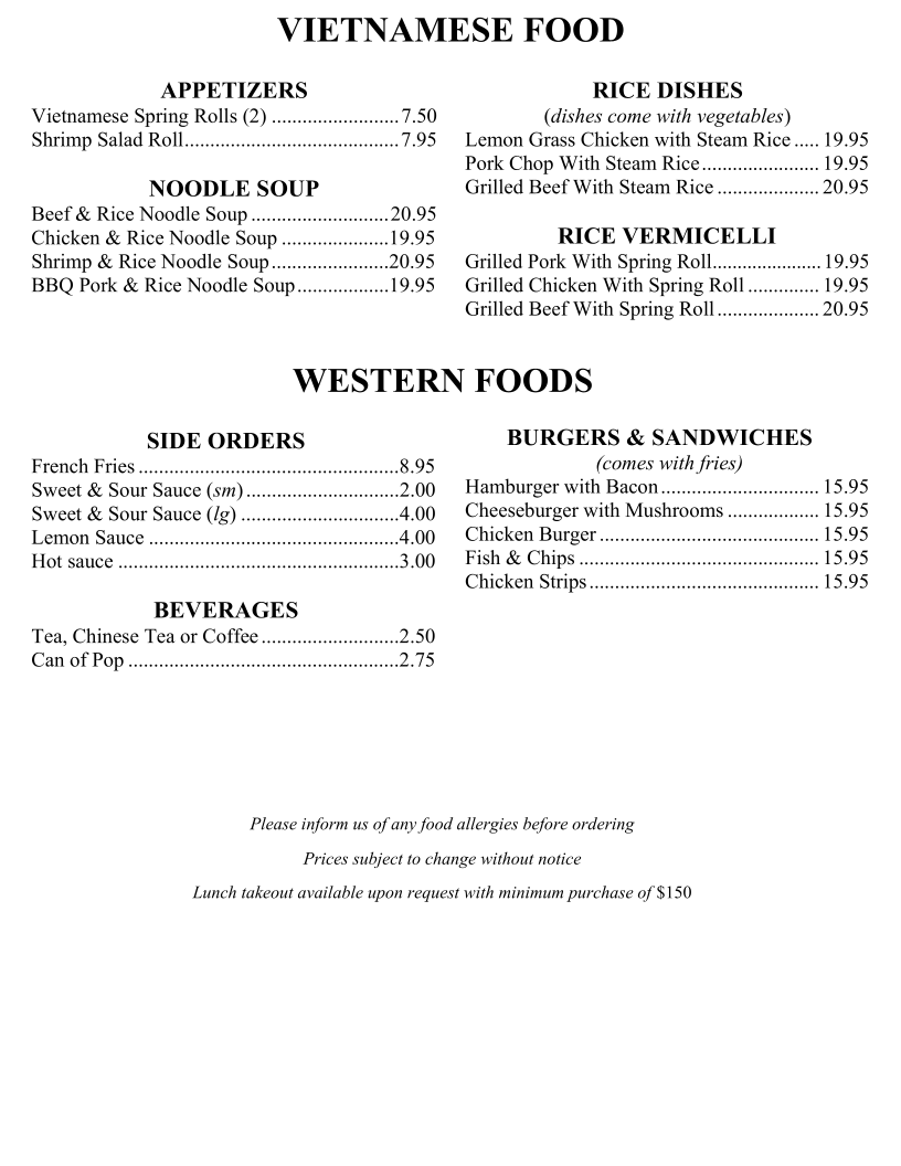Menu, Montrose Garden Restaurant