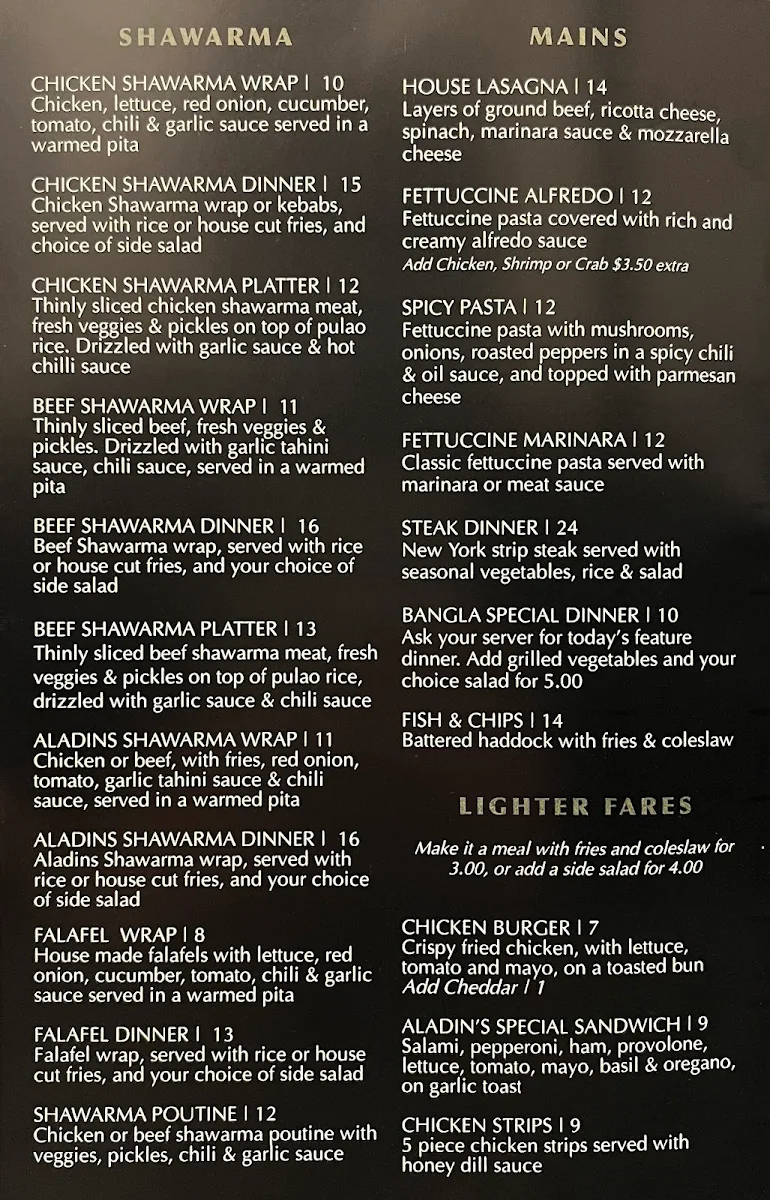 Menu, Aladin's Pizzeria & Shawarma Place