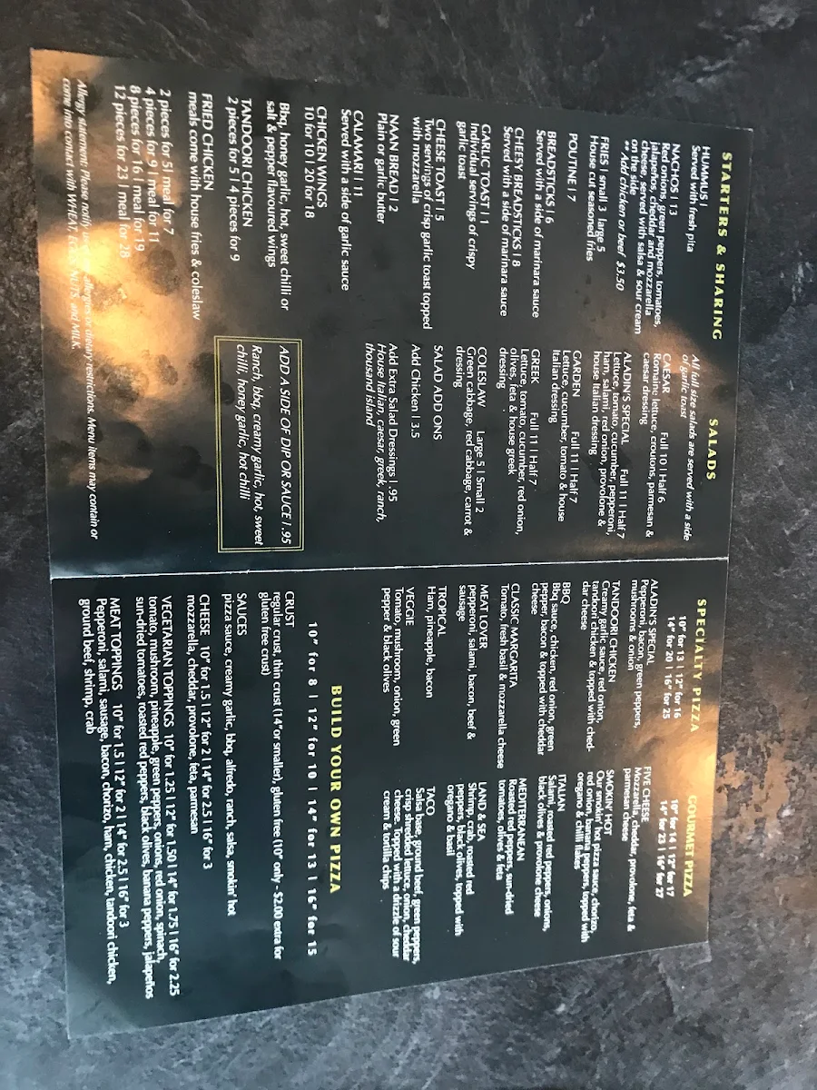 Menu, Aladin's Pizzeria & Shawarma Place