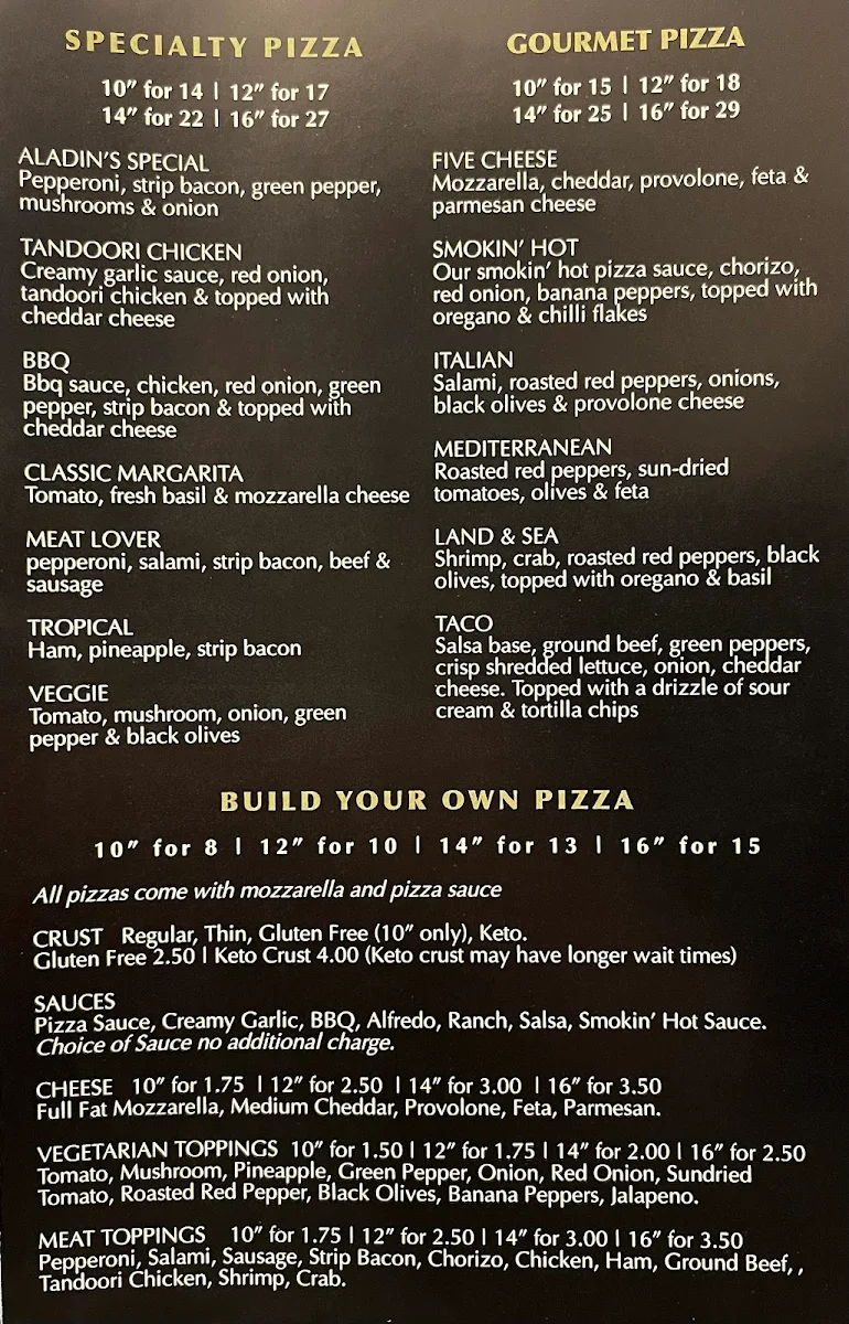 Menu, Aladin's Pizzeria & Shawarma Place