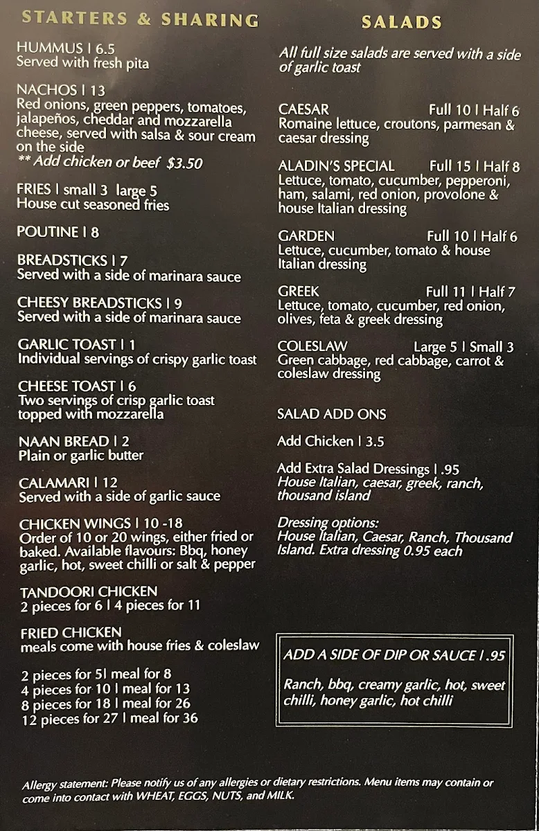 Menu, Aladin's Pizzeria & Shawarma Place