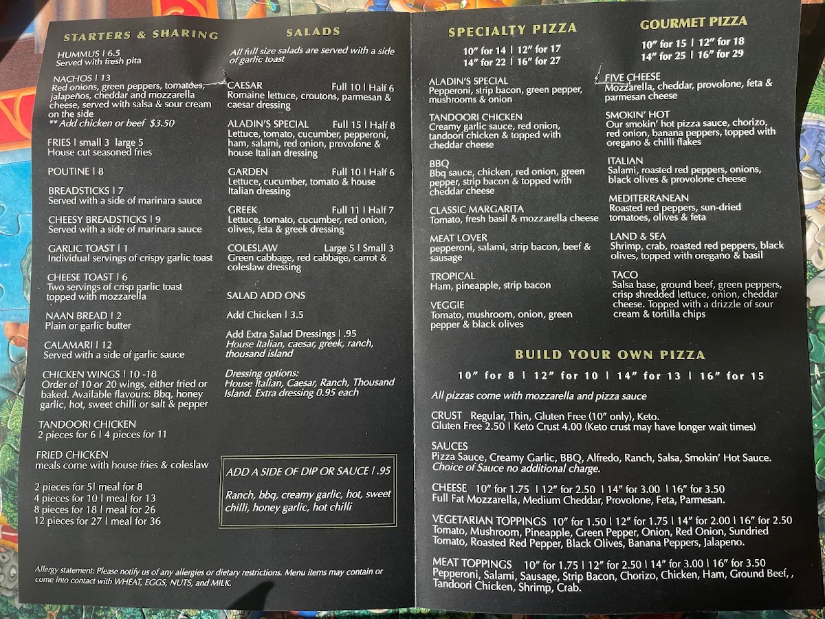 Menu, Aladin's Pizzeria & Shawarma Place