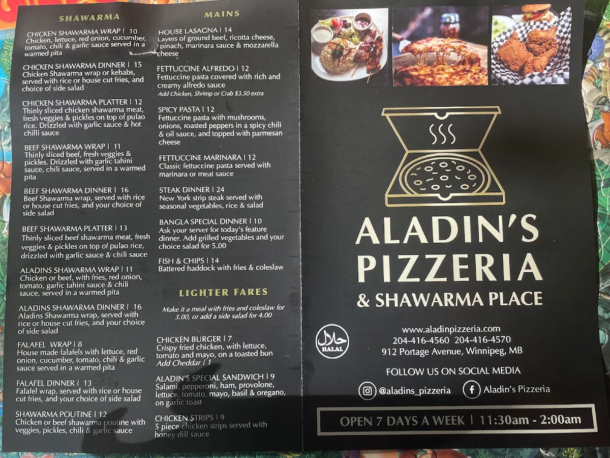 Menu, Aladin's Pizzeria & Shawarma Place