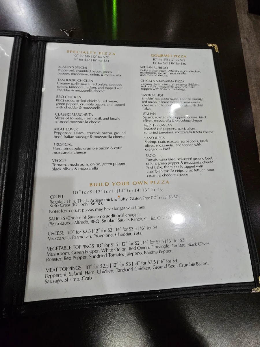 Menu, Aladin's Pizzeria & Shawarma Place