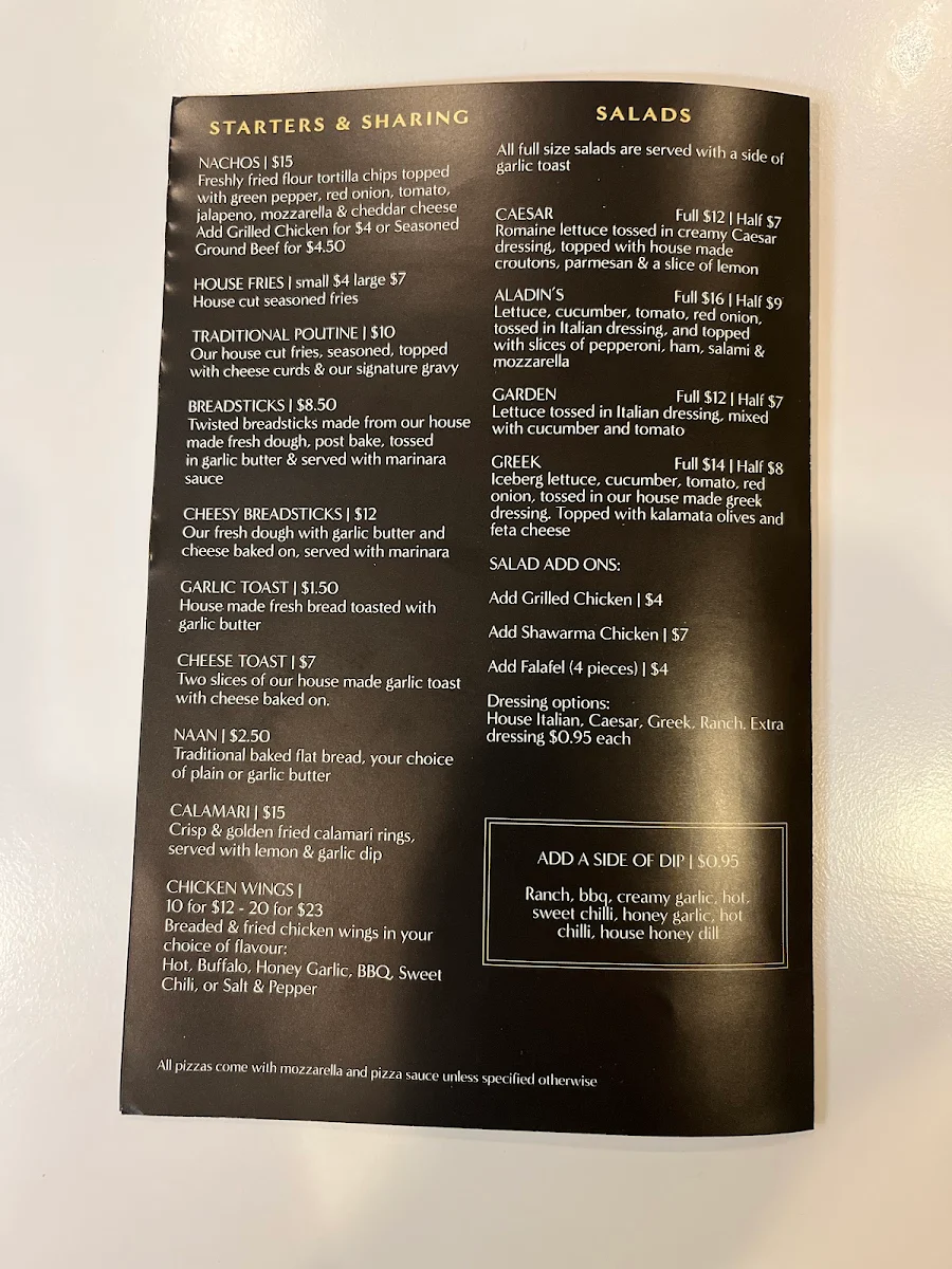 Menu, Aladin's Pizzeria & Shawarma Place