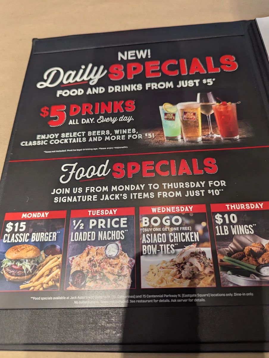 Menu, Jack Astor's Bar & Grill St Catharines
