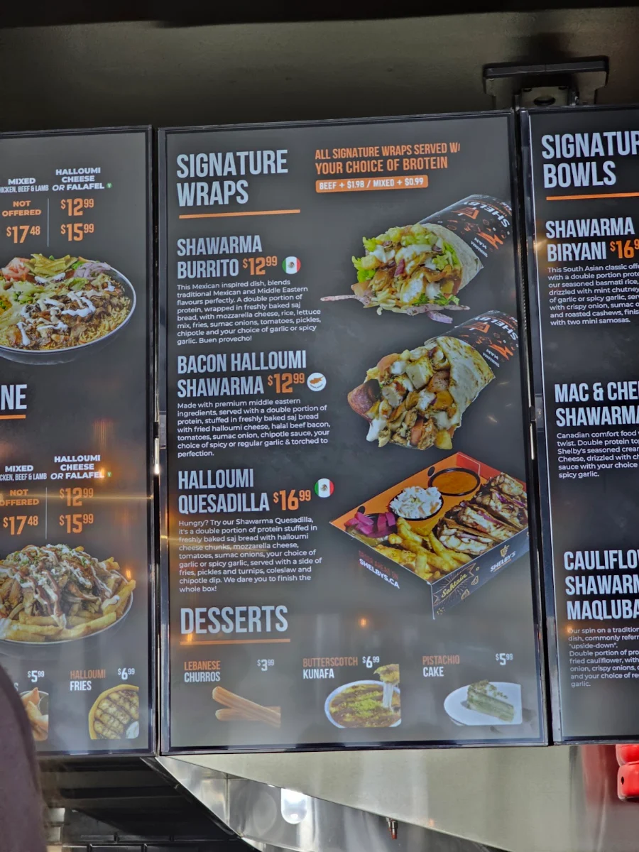 Menu, Shelby's Legendary Shawarma