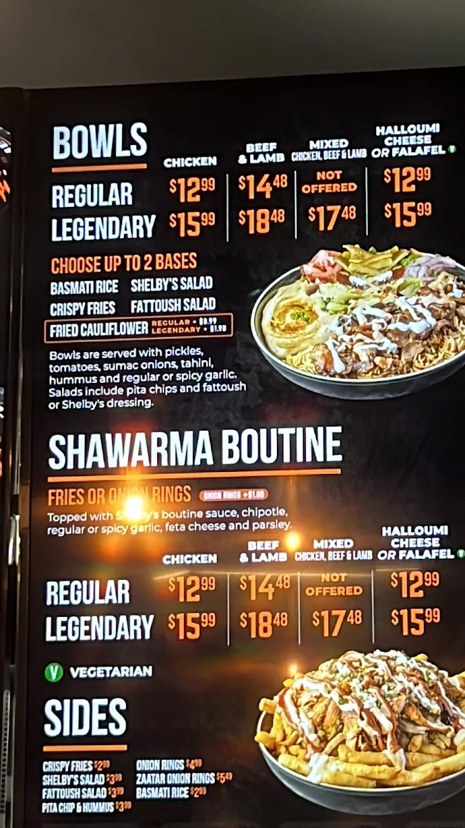 Menu, Shelby's Legendary Shawarma