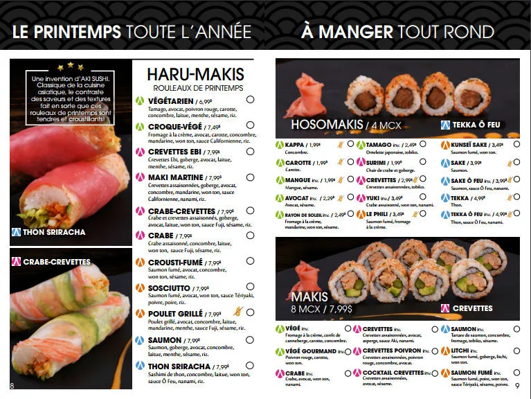 Menu, Aki Sushi