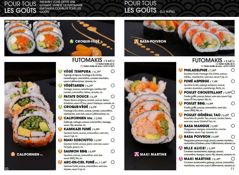 Menu, Aki Sushi