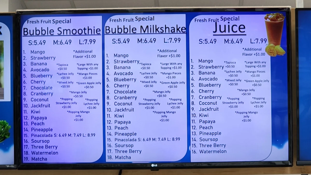 Menu, Yummy yummy juice & bubble tea