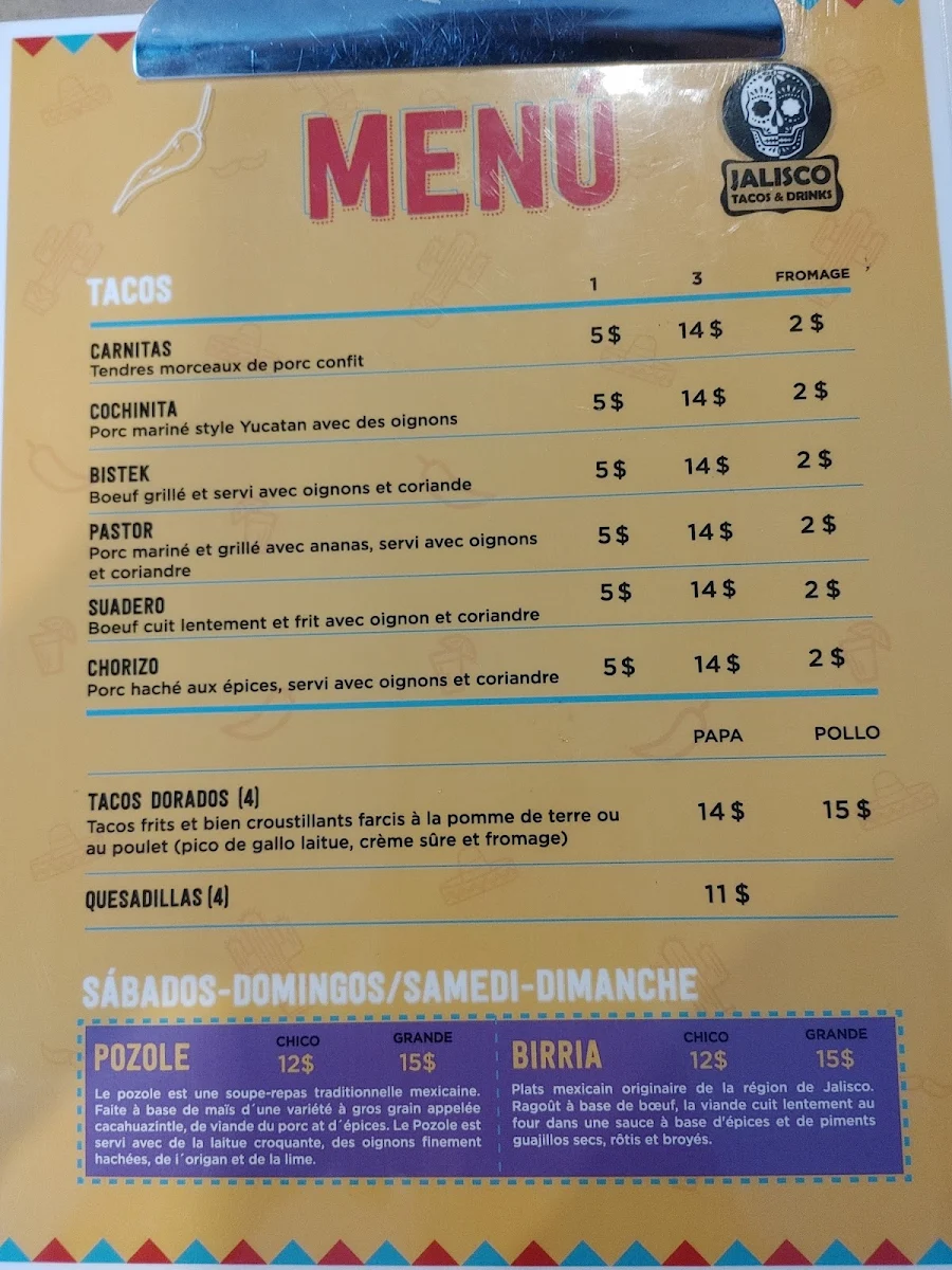 Menu, Jalisco Tacos & Drinks