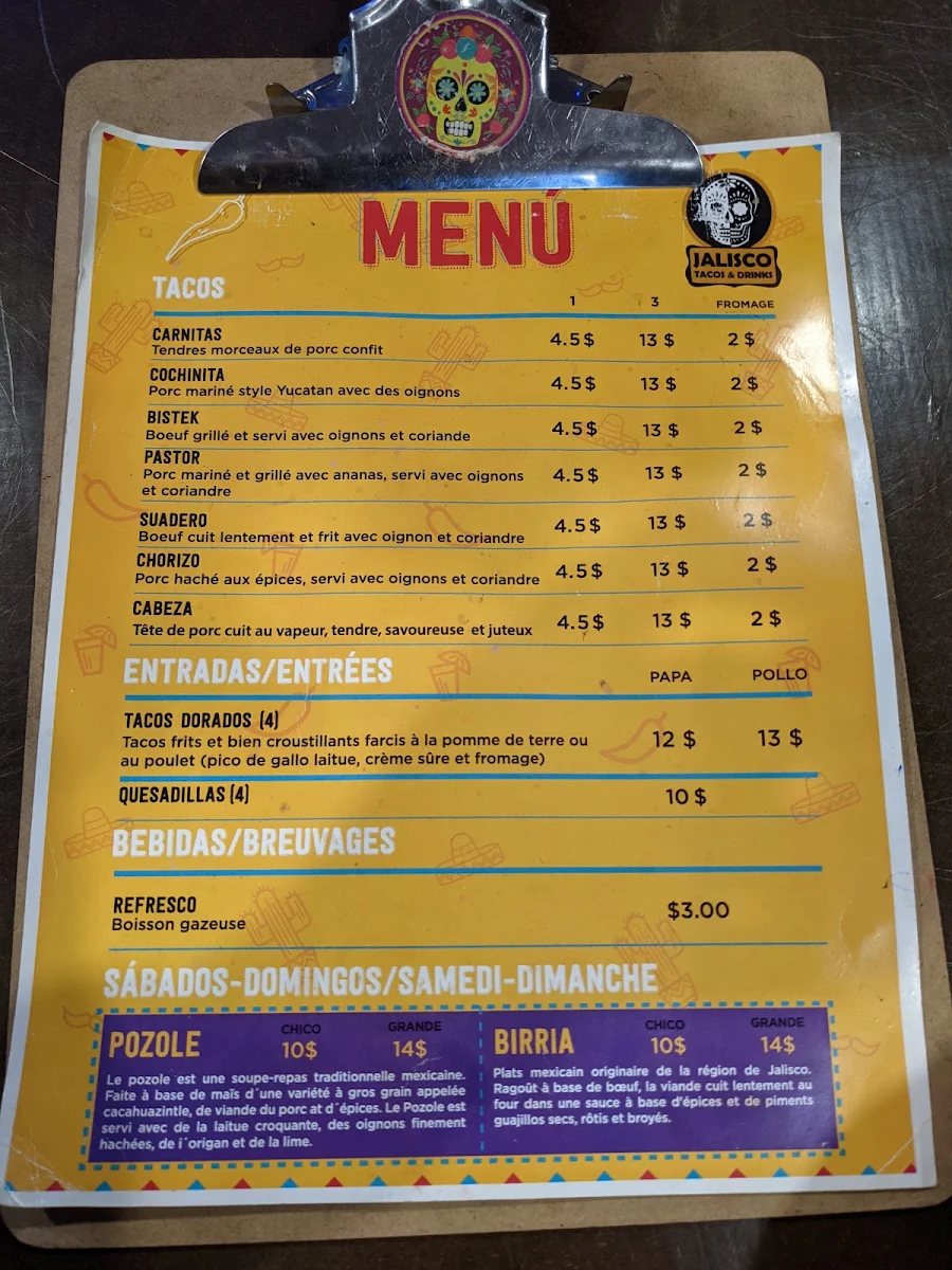Menu, Jalisco Tacos & Drinks