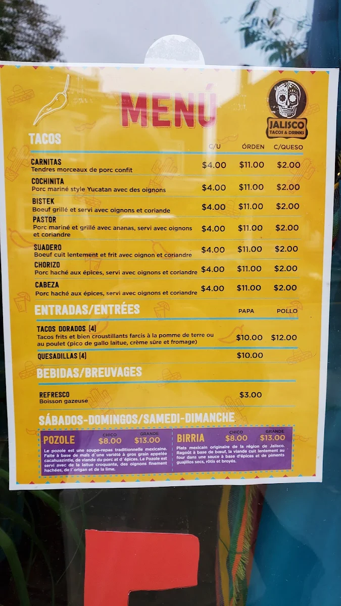 Menu, Jalisco Tacos & Drinks