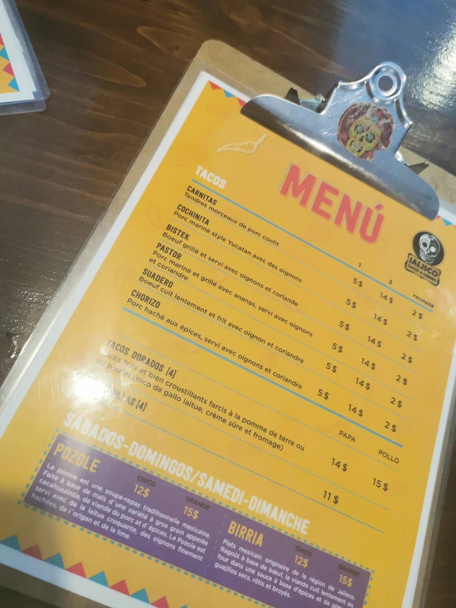 Menu, Jalisco Tacos & Drinks