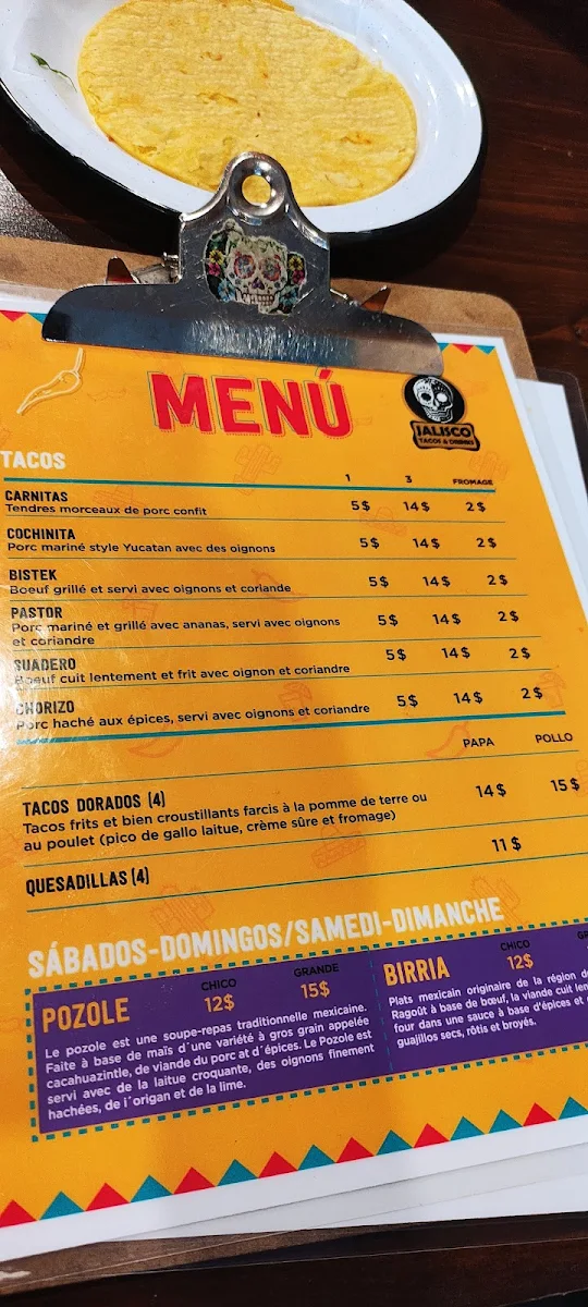 Menu, Jalisco Tacos & Drinks