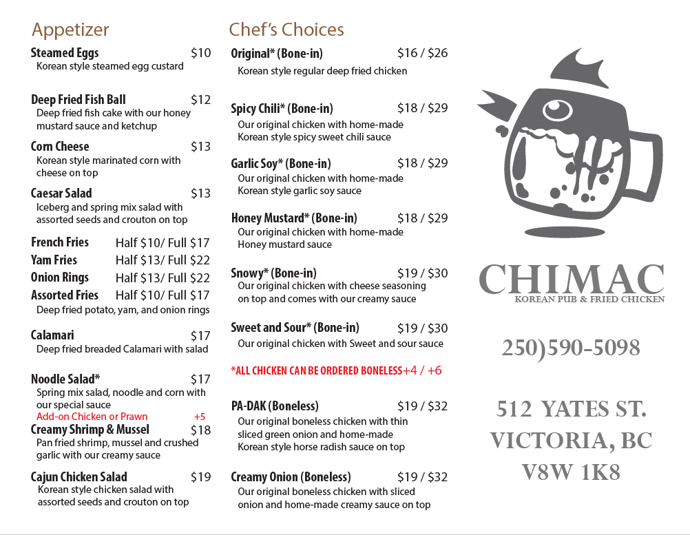 Menu, Chimac Korean Pub & Fried Chicken