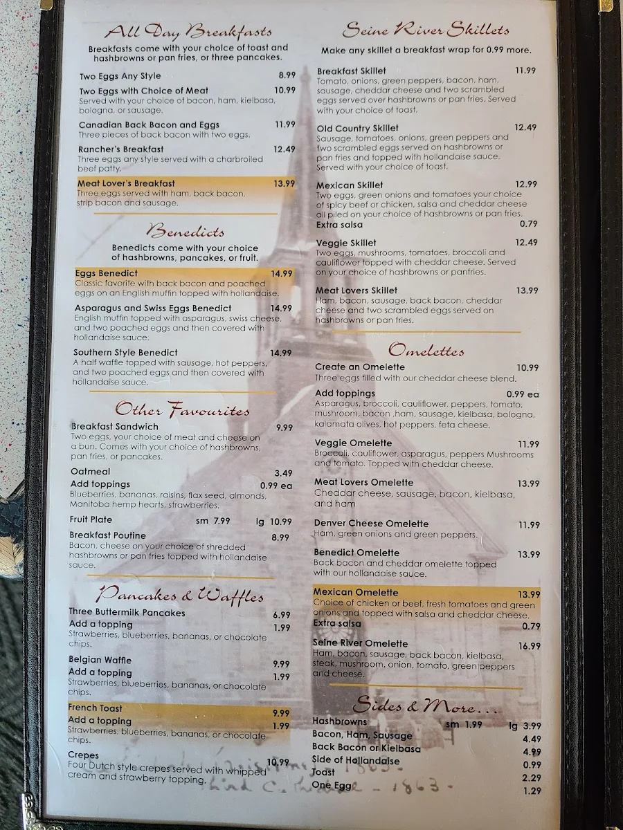 Menu, Seine River Cafe