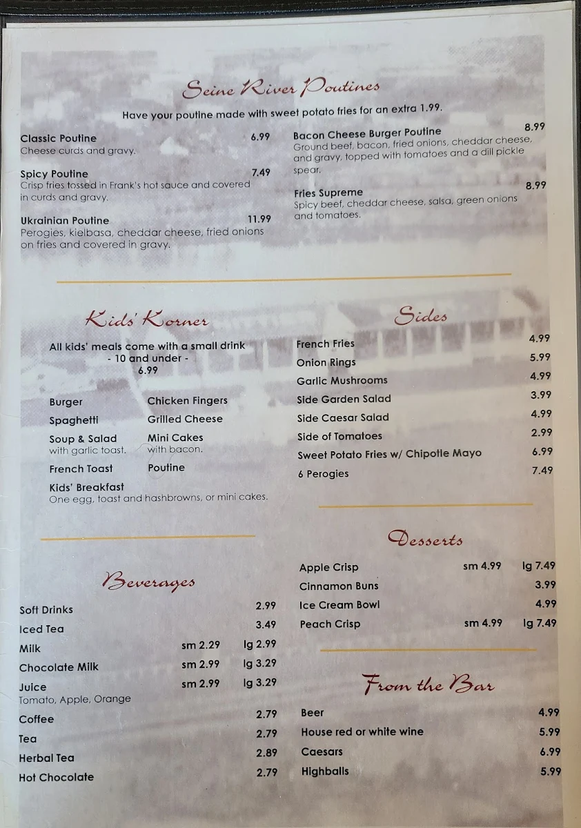 Menu, Seine River Cafe