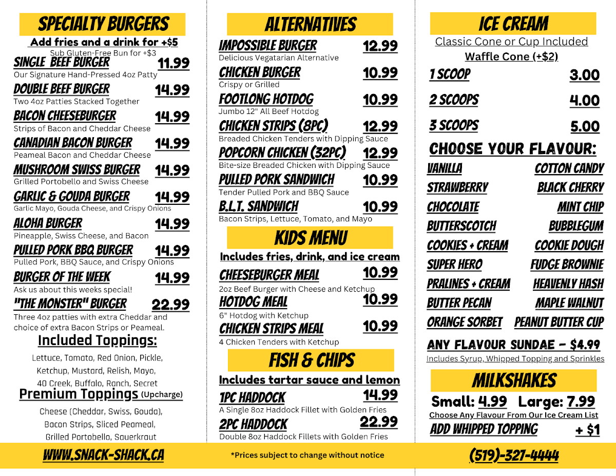 Menu, Clifford Snack Shack