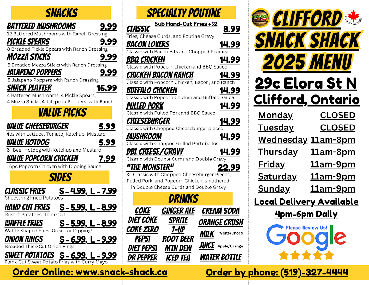 Menu, Clifford Snack Shack