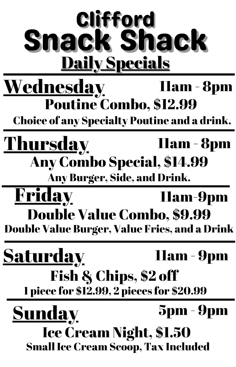 Menu, Clifford Snack Shack