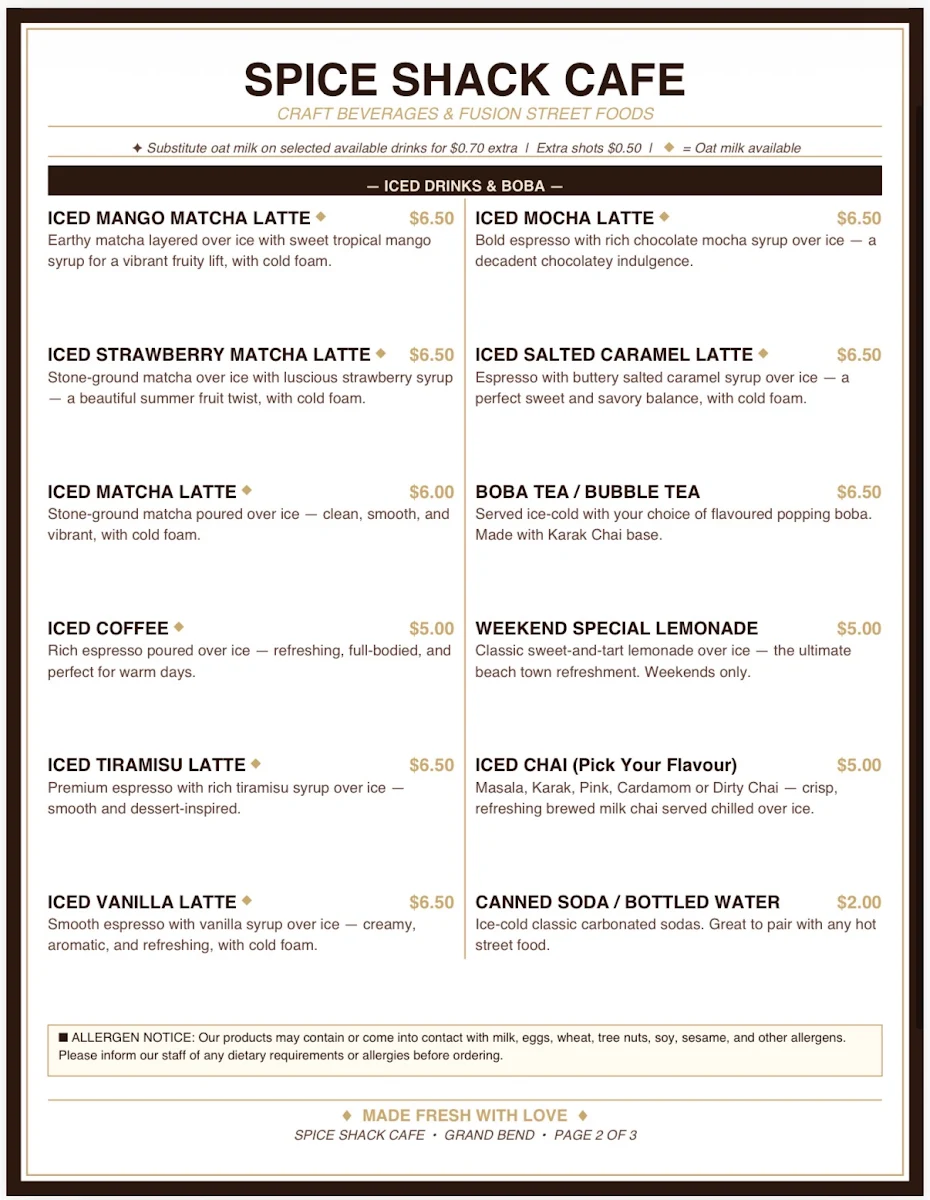 Menu, Spice Shack