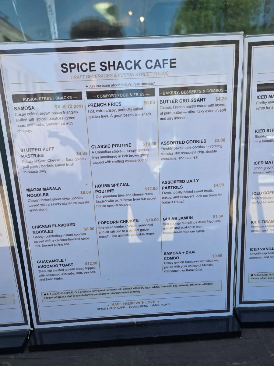 Menu, Spice Shack