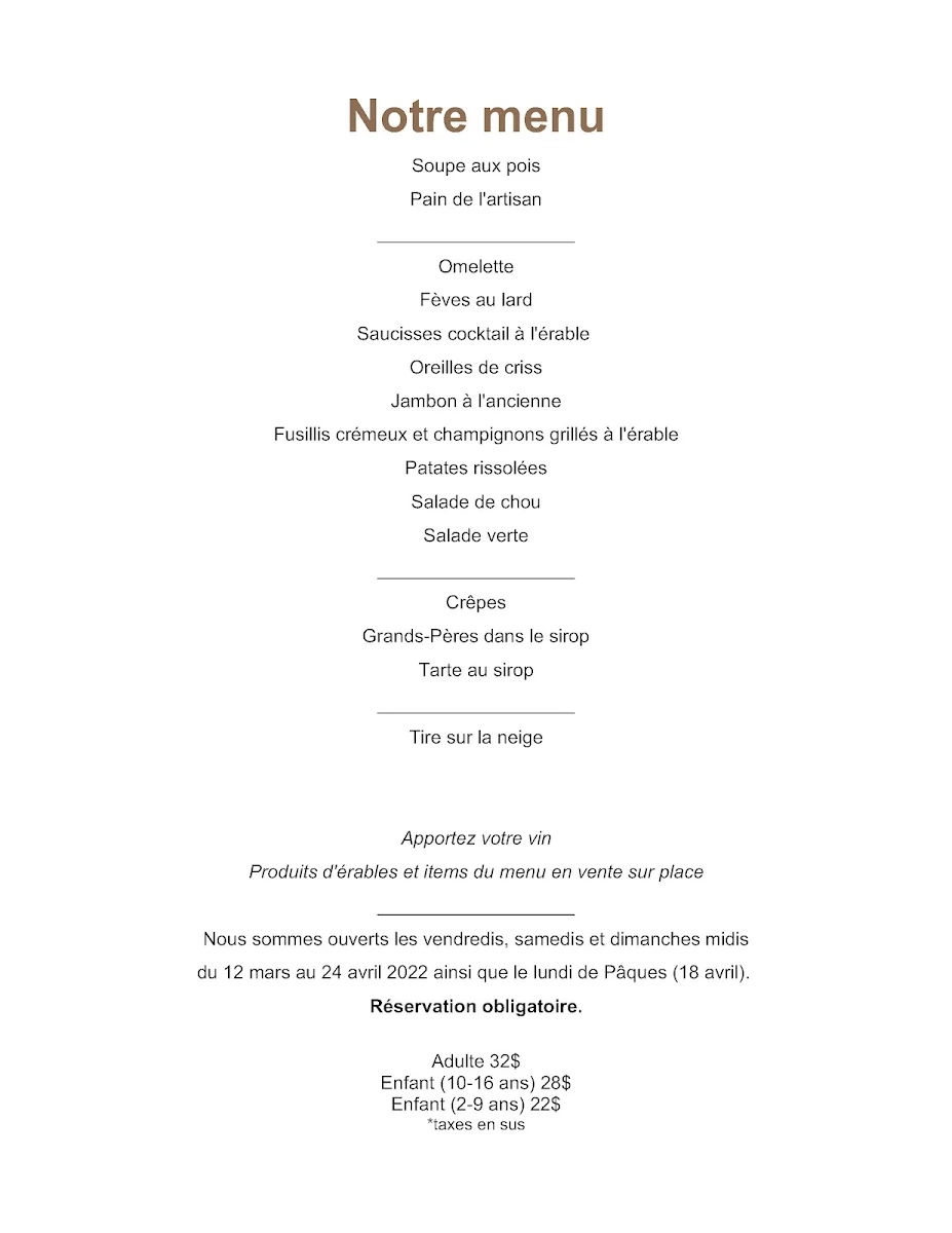 Menu, Au tournant des saisons | Cabane à sucre traditionnelle