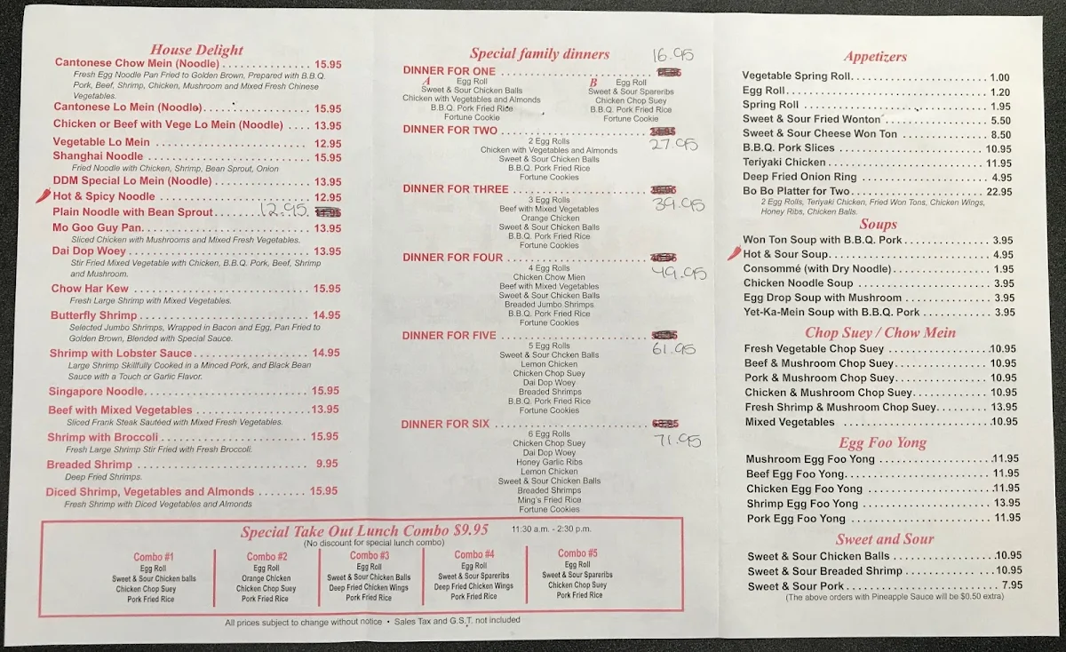 Menu, Ming's Garden Restaurant