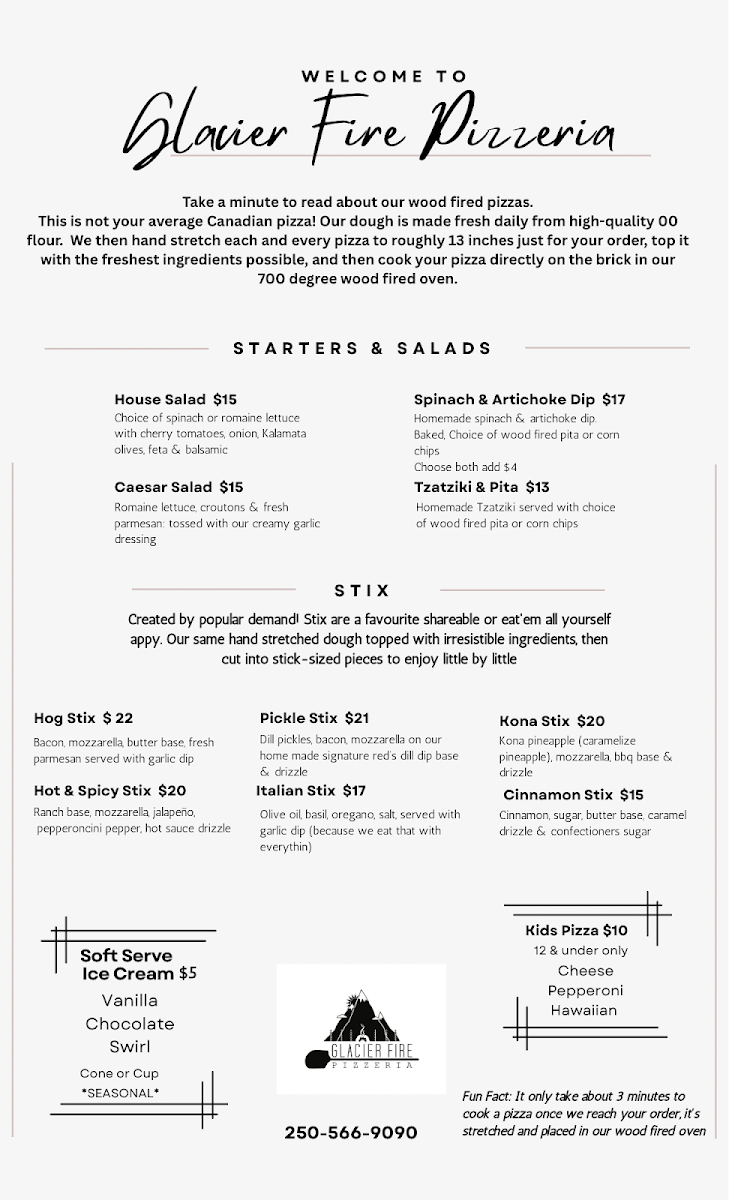 Menu, Glacier Fire Pizzeria (Wood Fired Pizza)