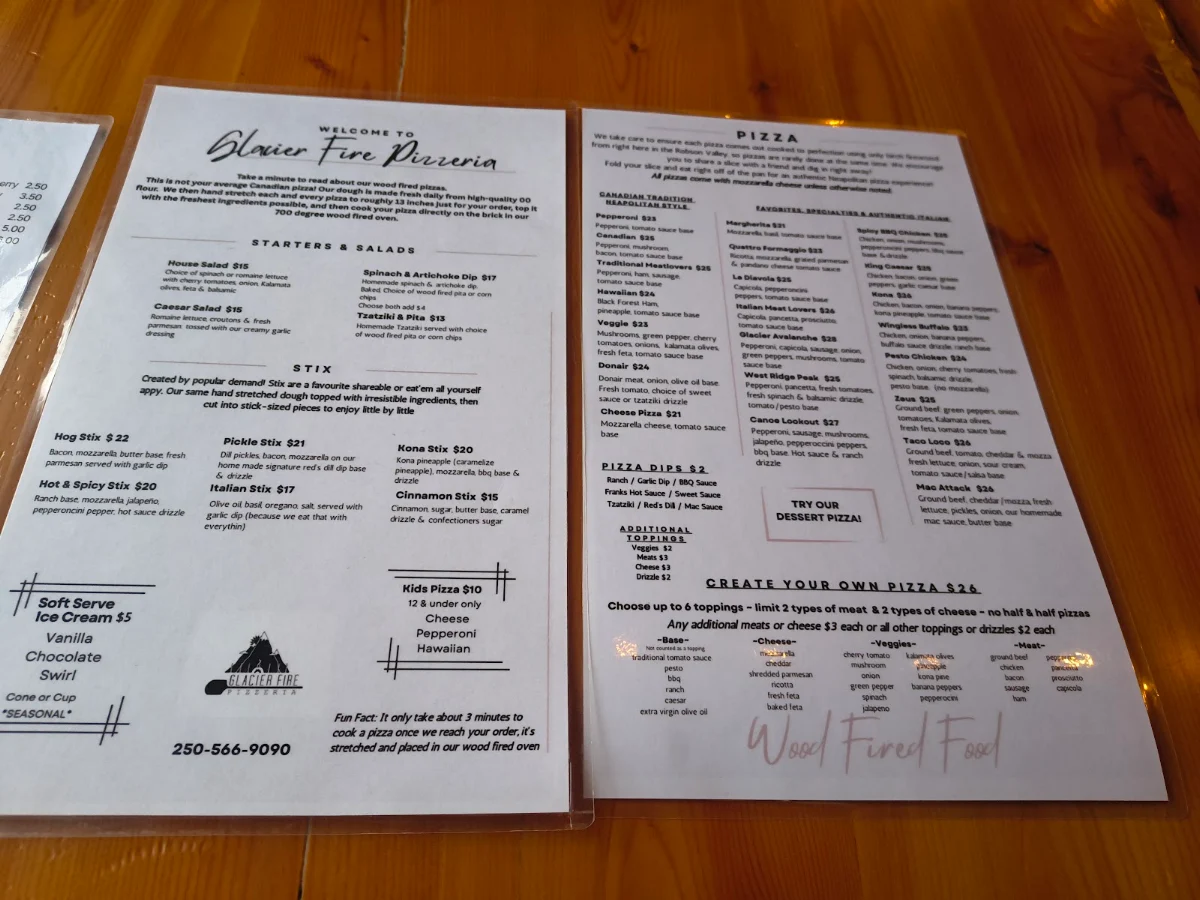 Menu, Glacier Fire Pizzeria (Wood Fired Pizza)