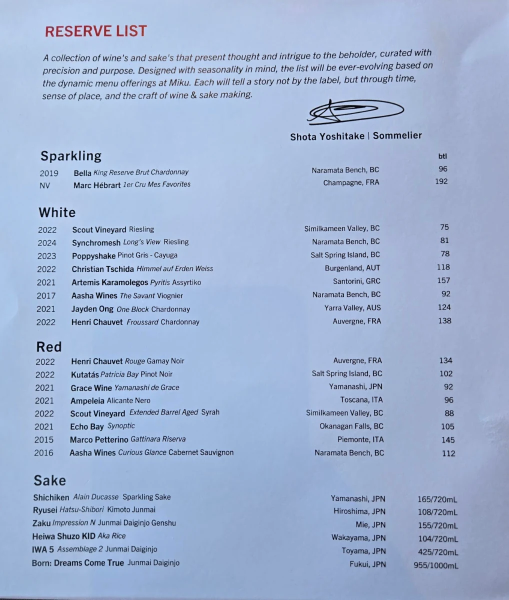 Menu, Miku Vancouver