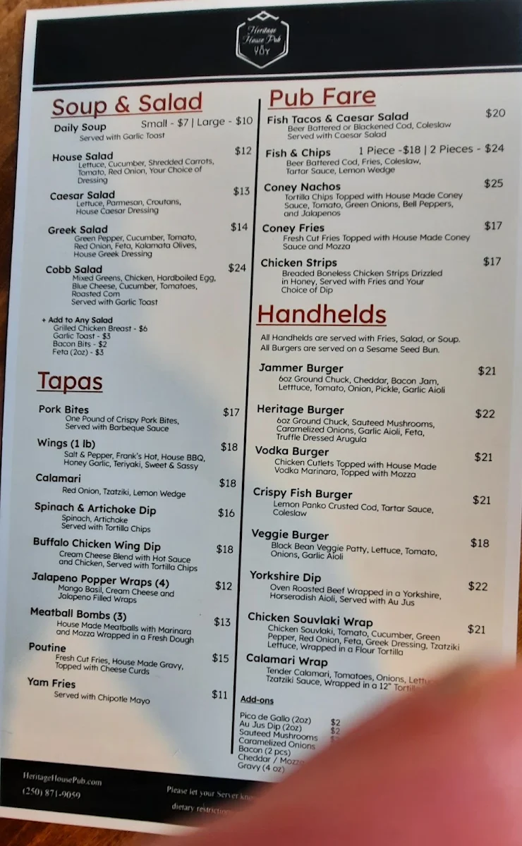 Menu, Heritage House Pub