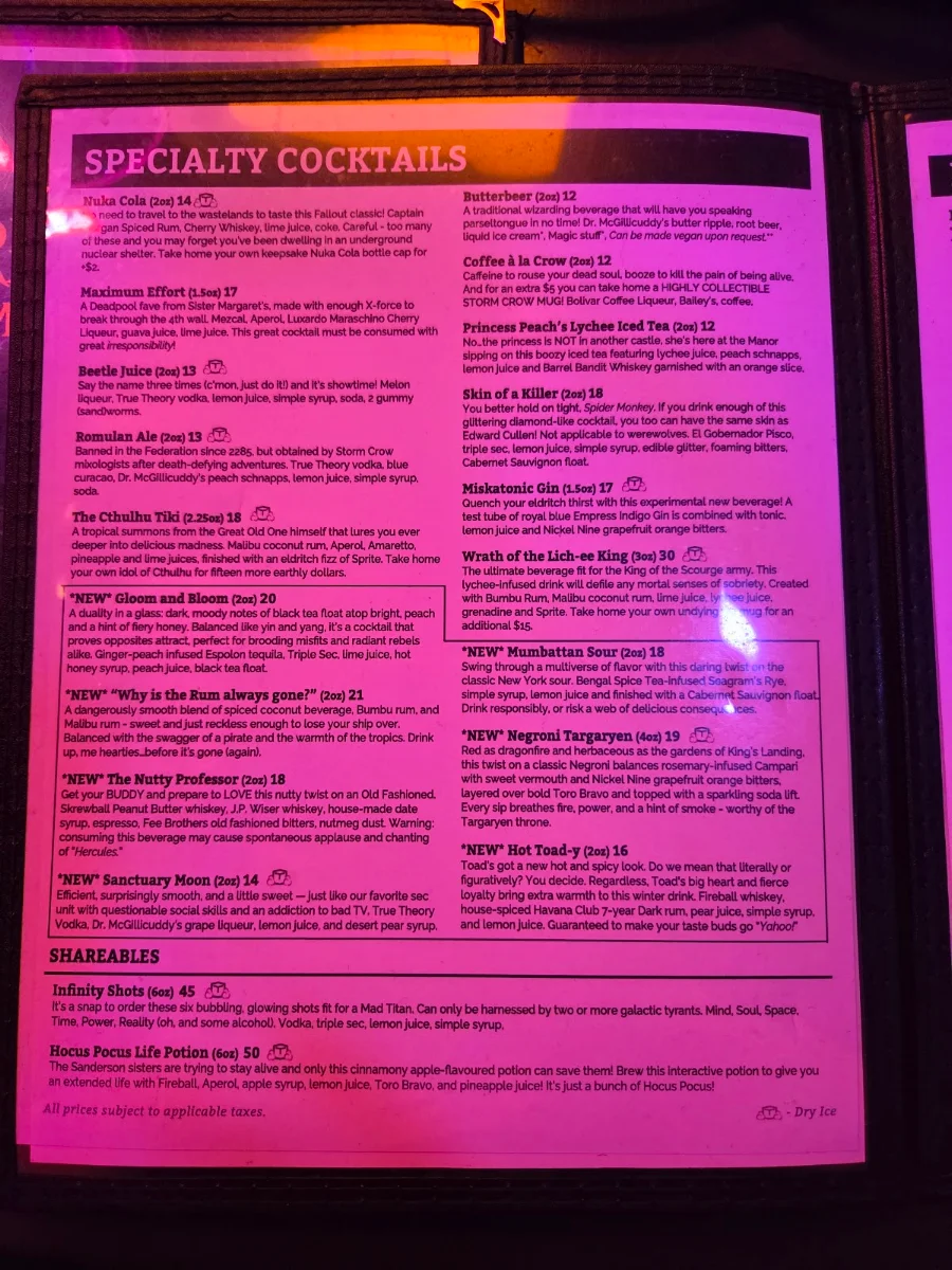 Menu, Storm Crow Manor