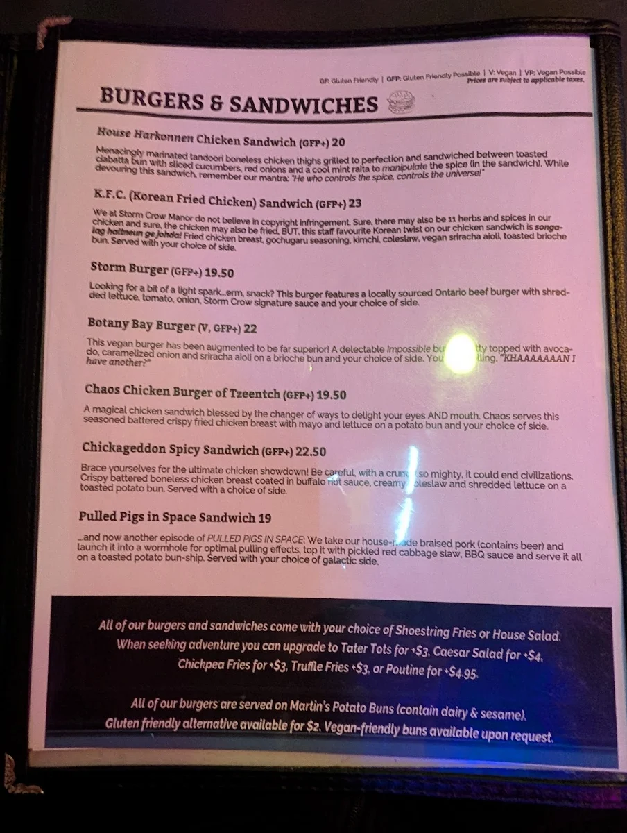Menu, Storm Crow Manor