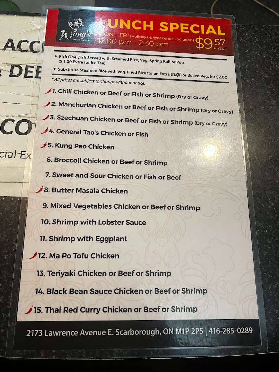 Menu, Wong's Asian Cuisine