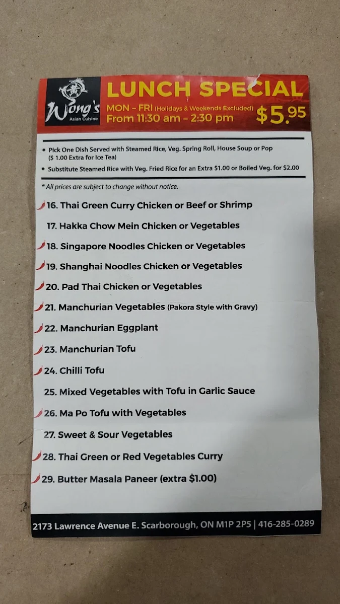 Menu, Wong's Asian Cuisine