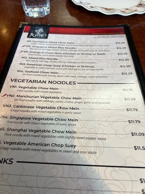 Menu, Wong's Asian Cuisine