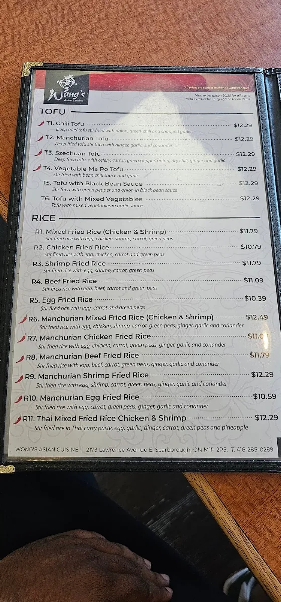 Menu, Wong's Asian Cuisine