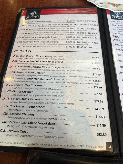 Menu, Wong's Asian Cuisine