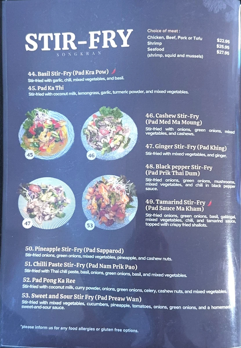 Menu, Songkran Thai Restaurant