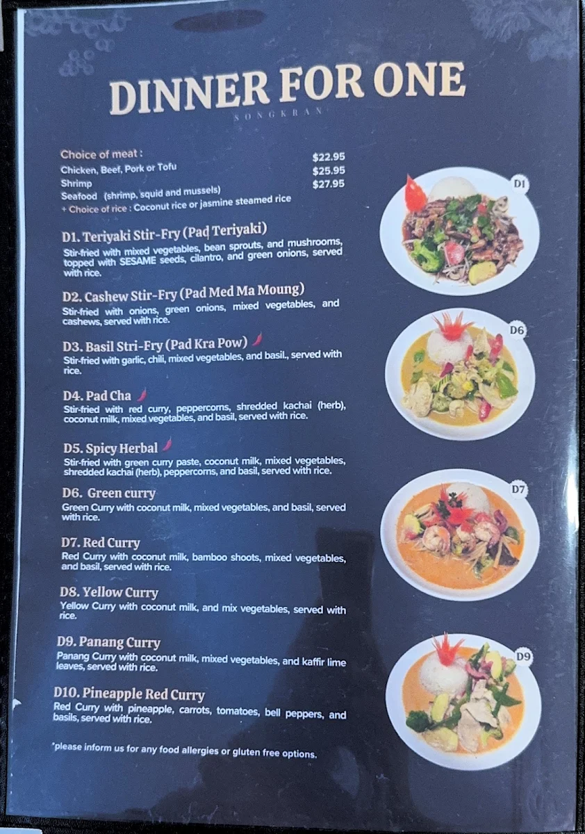 Menu, Songkran Thai Restaurant