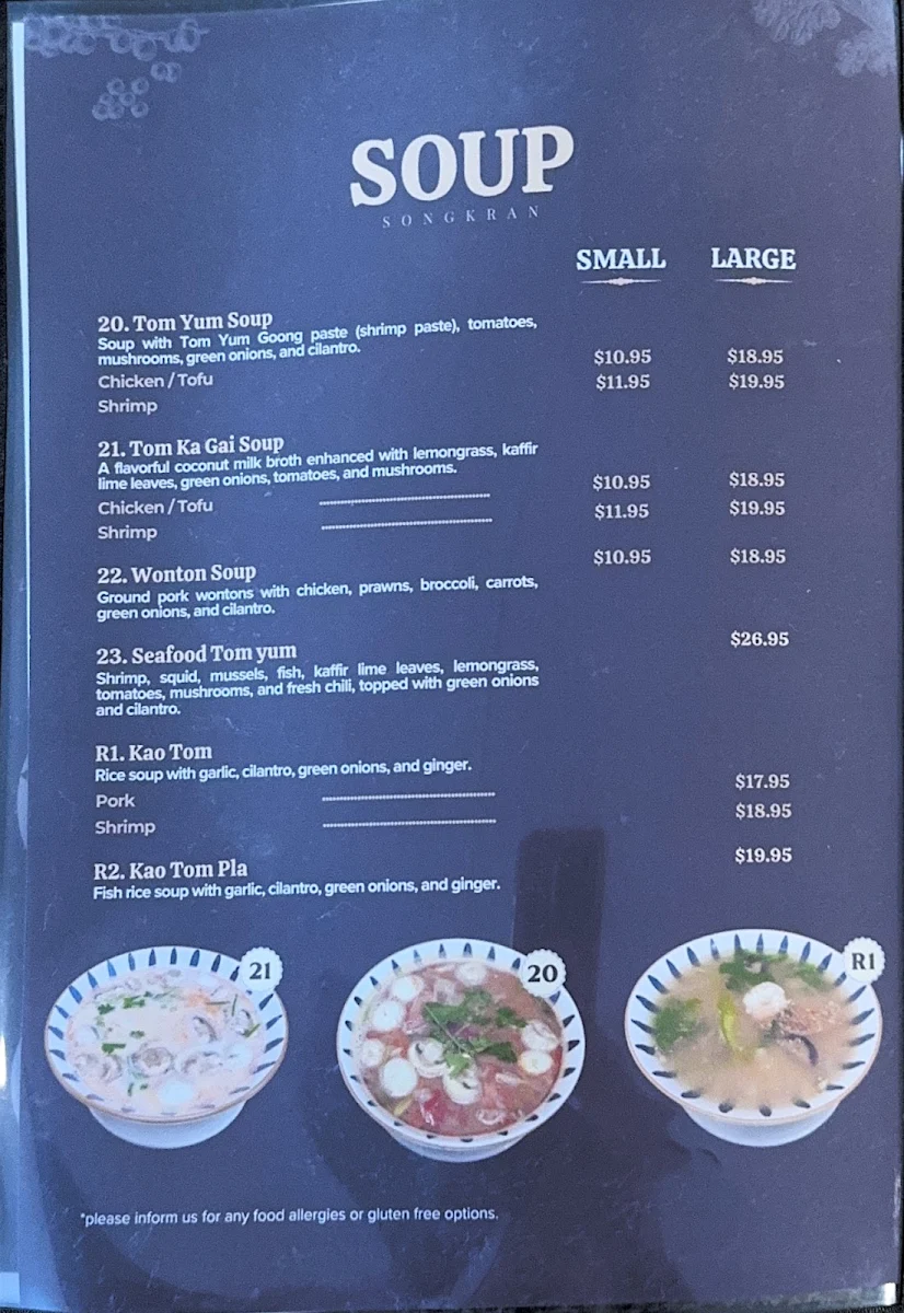 Menu, Songkran Thai Restaurant