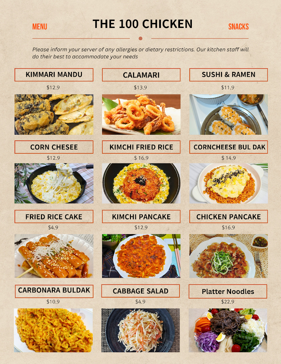 Menu, 100 Chicken (백치킨) - Korean Fried Chicken