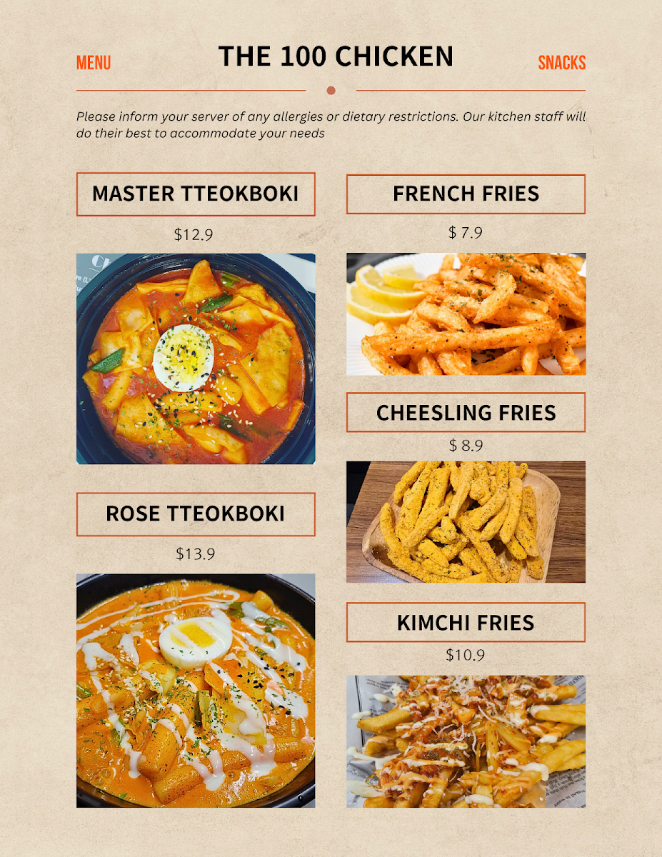Menu, 100 Chicken (백치킨) - Korean Fried Chicken