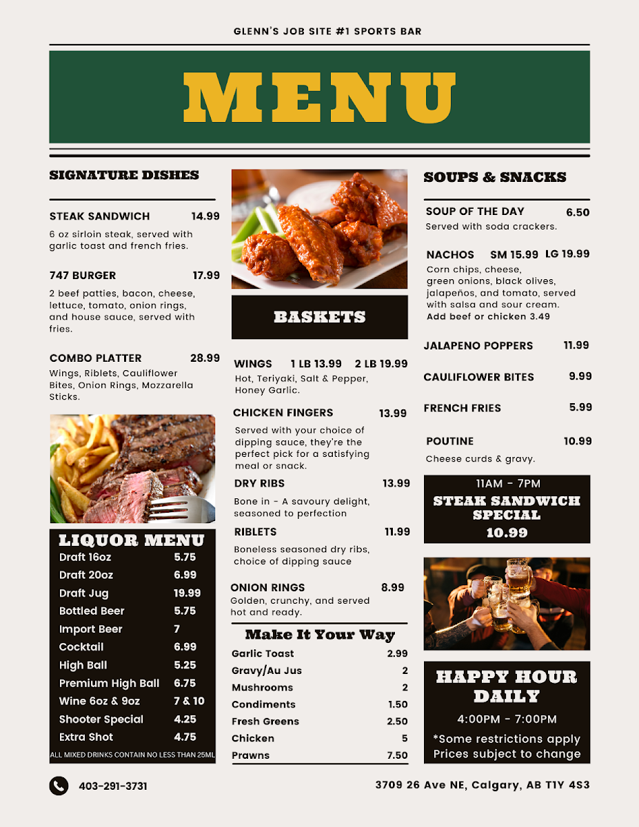 Menu, Glenn's Job Site 1 Sports Bar
