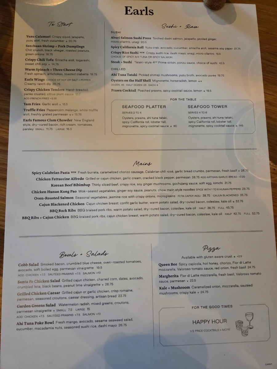 Menu, Earls Kitchen + Bar