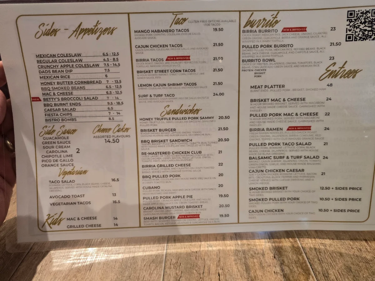 Menu, Bistro On B